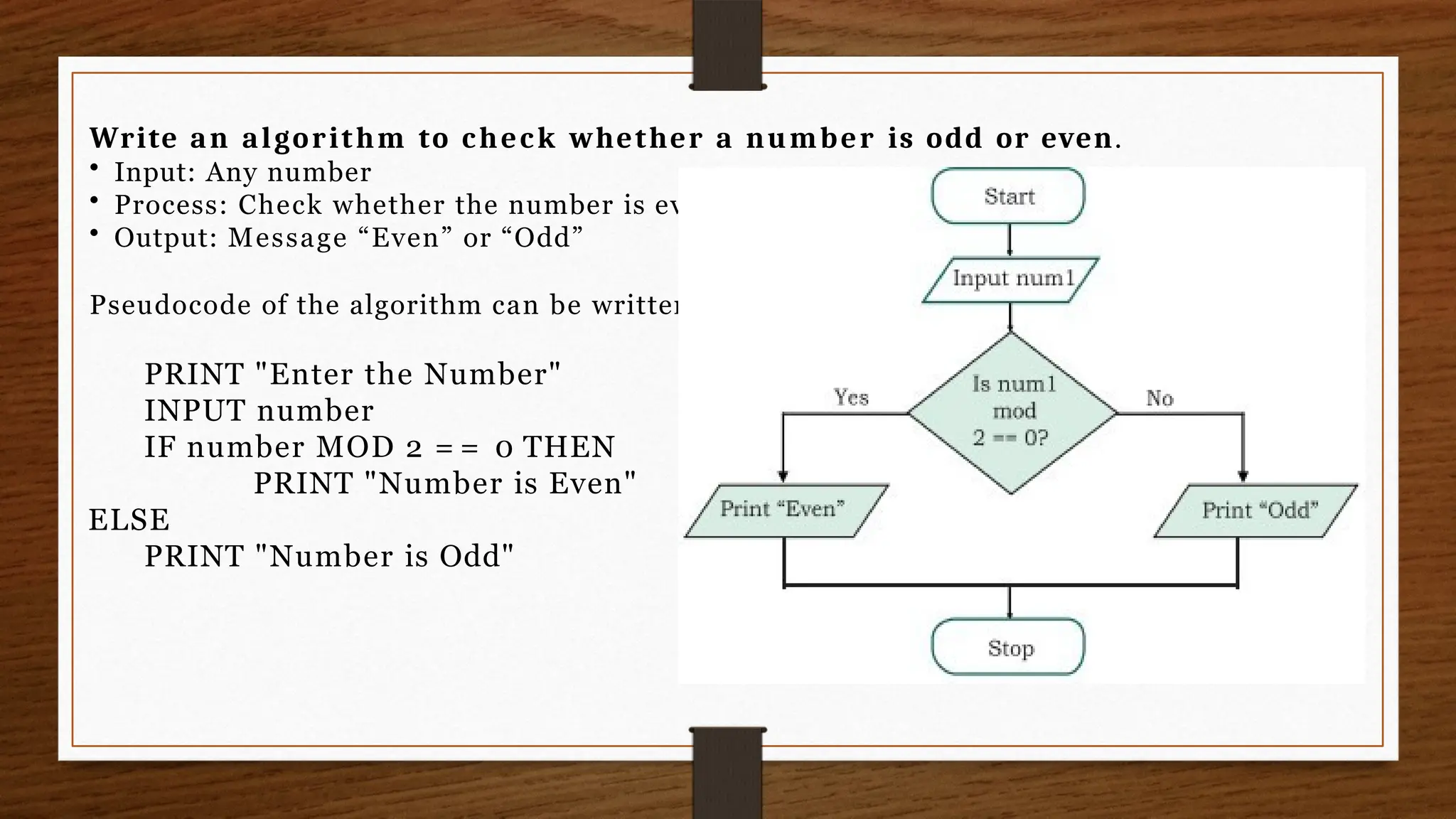 Write an algorithm to check whether a number is odd or even.
• Input: Any number
• Process: Check whether the number is even or not
• Output: Message “Even” or “Odd”
Pseudocode of the algorithm can be written as follows:
PRINT "Enter the Number"
INPUT number
IF number MOD 2 = = 0 THEN
PRINT "Number is Even"
ELSE
PRINT "Number is Odd"
 