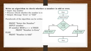 Write an algorithm to check whether a number is odd or even.
• Input: Any number
• Process: Check whether the number is even or not
• Output: Message “Even” or “Odd”
Pseudocode of the algorithm can be written as follows:
PRINT "Enter the Number"
INPUT number
IF number MOD 2 = = 0 THEN
PRINT "Number is Even"
ELSE
PRINT "Number is Odd"
 