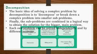 Decomposition
•
•
• The basic idea of solving a complex problem by
decomposition is to 'decompose' or break down a
complex problem into smaller sub problems.
Finally, the sub-problems are combined in a logical way
to obtain the solution for the bigger, main problem.
Each sub problem can be solved independently and by
different persons
 