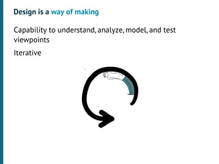 Design is a way of making

•




    Capability to understand, analyze, model, and test
    viewpoints
•




    Iterative
 