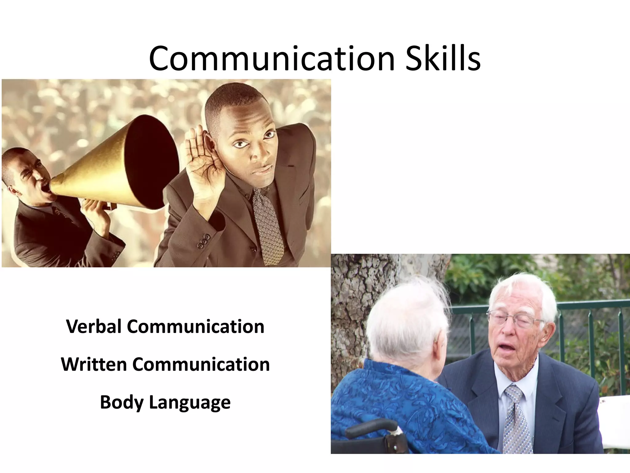 Communication Skills

Verbal Communication
Written Communication
Body Language

 