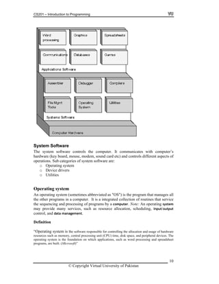 CS201 – Introduction to Programming
System Software
The system software controls the computer. It communicates with computer’s
hardware (key board, mouse, modem, sound card etc) and controls different aspects of
operations. Sub categories of system software are:
o Operating system
o Device drivers
o Utilities
times abbreviated as "OS") is the program that manages all
efinition
responsible for controlling the allocation and usage of hardware
sources such as memory, central processing unit (CPU) time, disk space, and peripheral devices. The
Operating system
An operating system (some
the other programs in a computer. It is a integrated collection of routines that service
the sequencing and processing of programs by a computer. Note: An operating system
may provide many services, such as resource allocation, scheduling, input/output
control, and data management.
D
“Operating system is the software
re
operating system is the foundation on which applications, such as word processing and spreadsheet
programs, are built. (Microsoft)”
© Copyright Virtual University of Pakistan
10
 