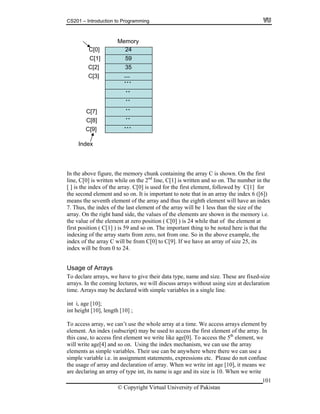 CS201 – Introduction to Programming
101
e
ero position ( C[0] ) is 24 while that of the element at
e
sage
o dec e have to give their data type, name and size. These are fixed-size
by
cript) may be used to access the first element of the array. In
lement we write like age[0]. To access the 5th
element, we
e age[4] and so on. Using the index mechanism, we can use the array
as simple variables. Their use can be anywhere where there we can use a
ple assignment statements, expressions etc. Please do not confuse
declaration of array. When we write int age [10], it means we
of type int, its name is age and its size is 10. When we write
C[0]
C[1]
C[3]
Index
C[8]
C[9]
In the above figure, the memory chunk containing the array C is shown. On the first
line, C[0] is written while on the 2nd
line, C[1] is written and so on. The number in th
[ ] is the index of the array. C[0] is used for the first element, followed by C[1] for
the second element and so on. It is important to note that in an array the index 6 ([6])
means the seventh element of the array and thus the eighth element will have an index
7. Thus, the index of the last element of the array will be 1 less than the size of the
array. On the right hand side, the values of the elements are shown in the memory i.e.
he value of the element at zt
first position ( C[1] ) is 59 and so on. The important thing to be noted here is that th
indexing of the array starts from zero, not from one. So in the above example, the
index of the array C will be from C[0] to C[9]. If we have an array of size 25, its
index will be from 0 to 24.
U of Arrays
T lare arrays, w
arrays. In the coming lectures, we will discuss arrays without using size at declaration
time. Arrays may be declared with simple variables in a single line.
int i, age [10];
nt height [10], length [10] ;i
o access array, we can’t use the whole array at a time. We access arrays elementT
element. An index (subs
his case, to access first et
will writ
ementsel
ims variable i.e. in
the usage of array and
are declaring an array
C[2]
C[7]
...
59
24
..
...
…
Memory
35
..
..
..
© Copyright Virtual University of Pakistan
 
