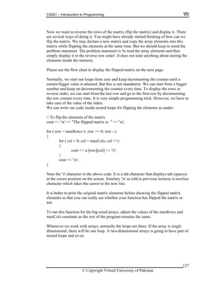 CS201 – Introduction to Programming
127
reverse the rows of the matrix (flip the matrix) and display it. There
several ways of doing it. You might have already started thinking of how can we
ix and copy the array elements into this
x while flipping the elements at the same time. But we should keep in mind the
ent. The problem statement is 'to read the array elements and then
imply oes not state anything about storing the
lements inside the memory.
lease e flow chart to display the flipped matrix on the next page.
ally, we start our loops from zero and keep incrementing the counter until a
ertain bigger value is attained. But this is not mandatory. We can start from a bigger
mber and keep on decrementing the counter every time. To display the rows in
everse order, we can start from the last row and go to the first row by decrementing
rogramming trick. However, we have to
e care of the value of the index.
r code inside nested loops for flipping the elements as under-
<< 'n' << "The flipped matrix is: " << 'n';
+)
a [row][col] << 't';
}
cout << 'n';
Note the 't' character in the above code. It is a tab character that displays tab (spaces)
at the cursor position on the screen. Similary 'n' as told in previous lectures is newline
character which takes the cursor to the new line.
It is better to print the original matrix elements before showing the flipped matrix
elements so that you can really see whether your function has flipped the matrix or
not.
To run this function for the big-sized arrays, adjust the values of the maxRows and
maxCols constants as the rest of the program remains the same..
Whenever we work with arrays, normally the loops are there. If the array is single
dimensional, there will be one loop. A two-dimensional arrays is going to have pair of
nested loops and so on.
Now we want to
are
flip the matrix. We may declare a new matr
matri
problem statem
s display it in the reverse row order'. It d
e
P see th
Norm
c
nu
r
the row counter every time. It is very simple p
tak
We can write ou
// To flip the elements of the matrix
cout
for ( row = maxRows-1; row >= 0; row --)
{
for ( col = 0; col < maxCols; col +
{
cout <<
}
© Copyright Virtual University of Pakistan
 