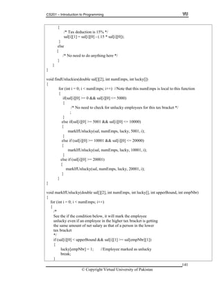 CS201 – Introduction to Programming
141
tion is 15% */
sal[i][1] = sal[i][0] - (.15 * sal[i][0]);
< numEmps; i++) //Note that this numEmps is local to this function
if(sal[i][0] >= 0 && sal[i][0] <= 5000)
;
] >= 5001 && sal[i][
{
}
else if (sal[i][0] >= 10001 && sal[i][0] <= 20000)
{
markIfUnlucky(sal, numEmps, lucky, 10001, i);
}
else if (sal[i][0] >= 20001)
{
markIfUnlucky(sal, numEmps, lucky, 20001, i);
}
}
mpNbr)
*/
d && sal[i][1] >= sal[empNbr][1])
{
/* Tax deduc
}
else
{
/* No need to do anything here */
}
}
}
void findUnluckies(double sal[][2], int numEmps, int lucky[])
{
for (int i = 0; i
{
{
/* No need to check for unlucky employees for this tax bracket */
}
else if(sal[i][0 0] <= 10000)
markIfUnlucky(sal, numEmps, lucky, 5001, i);
}
void markIfUnlucky(double sal[][2], int numEmps, int lucky[], int upperBound, int e
{
for (int i = 0; i < numEmps; i++)
{
/*
See the if the condition below, it will mark the employee
unlucky even if an employee in the higher tax bracket is getting
the same amount of net salary as that of a person in the lower
tax bracket
if (sal[i][0] < upperBoun
{
lucky[empNbr] = 1; //Employee marked as unlucky
break;
}
© Copyright Virtual University of Pakistan
 