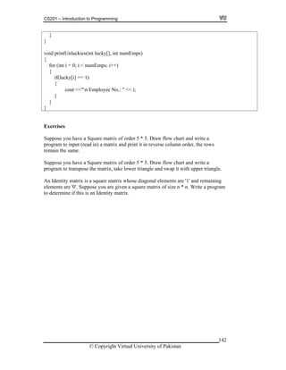 CS201 – Introduction to Programming
142
for (int i = 0; i < numEmps; i++)
cout <<"n Employee No.: " << i;
}
}
}
void printUnluckies(int lucky[], int numEmps)
{
{
if(lucky[i] == 1)
{
}
}
Exercises
Suppose you have a Square matrix of order 5 * 5. Draw flow chart and write a
program to input (read in) a matrix and print it in reverse column order, the rows
main the same.
r triangle and swap it with upper triangle.
n Identity matrix is a square matrix whose diagonal elements are '1' and remaining
re
Suppose you have a Square matrix of order 5 * 5. Draw flow chart and write a
program to transpose the matrix, take lowe
A
elements are '0'. Suppose you are given a square matrix of size n * n. Write a program
to determine if this is an Identity matrix.
© Copyright Virtual University of Pakistan
 