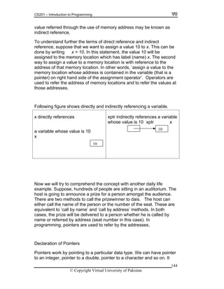 CS201 – Introduction to Programming
144
on is with reference to the
address of that memory location. In other words, ‘assign a value to the
are
d to refer the values at
those addresses.
Following figure shows directly and indirectly referencing a variable.
a variable whose val
xptr indirectly references a variable
whose value is 10 xptr x
value referred through the use of memory address may be known as
indirect reference.
To understand further the terms of direct reference and indirect
reference, suppose that we want to assign a value 10 to x. This can be
done by writing x = 10. In this statement, the value 10 will be
assigned to the memory location which has label (name) x. The second
way to assign a value to a memory locati
memory location whose address is contained in the variable (that is a
pointer) on right hand side of the assignment operator’. Operators
used to refer the address of memory locations an
x directly references
ue is 10
x
ow we will try to comprehend the concept with another daily life
example. Suppose, hundreds of people are sitting in an auditorium. The
ost is for a person amongst the audience.
here re tw met zewinner to dais. The host can
the number of the seat. These are
quiva ent to ‘call by name’ and ‘call by address’ methods. In both
ases the p ze wi to a person whether he is called by
ame or referred by address (seat number in this case). In
programming, pointers are used to refer by the addresses.
inter to a character and so on. It
10
10
N
h going to announce a prize
T a o hods to call the pri
either call the name of the person or
e l
c , ri ll be delivered
n
Declaration of Pointers
Pointers work by pointing to a particular data type. We can have pointer
to an integer, pointer to a double, po
© Copyright Virtual University of Pakistan
 