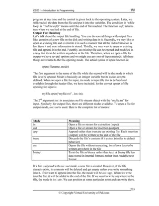 CS201 – Introduction to Programming
© Copyright Virtual University of Pakistan
203
program at any time and the control is given back to the operating system. Later, we
will read all the data from the file and put it into the variables. The condition in ‘while
loop’ is “!inFile.eof()” means until the end of file reached. The function eof() returns
true when we reached at the end of file.
Output File Handling
Let’s talk about the output file handling. You can do several things with output files
like, creation of a new file on the disk and writing data in it. Secondly, we may like to
open an existing file and overwrite it in such a manner that all the old information is
lost from it and new information is stored. Thirdly, we may want to open an existing
file and append it in the end. Fourthly, an existing file can be opened and modified in
a way that it can be written anywhere in the file. Therefore, when we open a file for
output we have several options and we might use any one of these methods. All these
things are related to the file-opening mode. The actual syntax of open function is:
open (filename, mode)
The first argument is the name of the file while the second will be the mode in which
file is to be opened. Mode is basically an integer variable but its values are pre-
defined. When we open a file for input, its mode is input file that is defined and
available through the header files, we have included. So the correct syntax of file
opening for input is:
myFile.open(“myfile.txt” , ios::in);
The 2nd
argument ios::in associates myFile stream object with the “myfile.txt” for
input. Similarly, for output files, there are different modes available. To open a file for
output mode, ios::out is used. Here is the complete list of modes:
Mode Meaning
in Open a file or stream for extraction (input)
out Open a file or stream for insertion (output)
app Append rather than truncate an existing file. Each insertion
(output) will be written to the end of the file
trunc Discards the file’s contents if it exists. (similar to default
behavior)
ate Opens the file without truncating, but allows data to be
written anywhere in the file
binary Treat the file as binary rather than text. A binary file has
data stored in internal formats, rather than readable text
format
If a file is opened with ios::out mode, a new file is created. However, if the file
already exists, its contents will be deleted and get empty unless you write something
into it. If we want to append into the file, the mode will be ios::app. When we write
into the file, it will be added in the end of the file. If we want to write anywhere in the
file, the mode is ios::ate. We can position at some particular point and can write there.
 