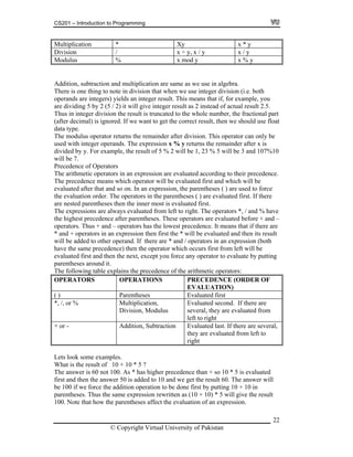 CS201 – Introduction to Programming
Multiplication * Xy x * y
Division / x ÷ y, x / y x / y
Modulus % x mod y x % y
Addition, subtraction and multiplication are same as we use in alg
use integer di
ebra.
vision (i.e. both
ou
2.5.
the whole number, the fractional part
lt, then we should use float
divided by y. For example, the result of 5 % 2 will be 1, 23 % 5 will be 3 and 107%10
will be 7.
Precedence of Operators
The arithmetic operators in an expression are evaluated according to their precedence.
The precedence means which operator will be evaluated first and which will be
evaluated after that and so on. In an expression, the parentheses ( ) are used to force
the evaluation order. The operators in the parentheses ( ) are evaluated first. If there
are nested parentheses then the inner most is evaluated first.
The expressions are always evaluated from left to right. The operators *, / and % have
the highest precedence after parentheses. These operators are evaluated before + and –
operators. Thus + and – operators has the lowest precedence. It means that if there are
* and + operators in an expression then first the * will be evaluated and then its result
will be added to other operand. If there are * and / operators in an expression (both
have the same precedence) then the operator which occurs first from left will be
evaluated first and then the next, except you force any operator to evaluate by putting
parentheses around it.
The following table explains the precedence of the arithmetic operators:
OPERATORS OPERATIONS PRECEDENCE (ORDER OF
EVALUATION)
There is one thing to note in division that when we
operands are integers) yields an integer result. This means that if, for example, y
ill give integer result as 2 instead of actual resultare dividing 5 by 2 (5 / 2) it w
Thus in integer division the result is truncated to
(after decimal) is ignored. If we want to get the correct resu
data type.
The modulus operator returns the remainder after division. This operator can only be
used with integer operands. The expression x % y returns the remainder after x is
( ) Parentheses Evaluated first
*, /, or % Multiplication,
Division, Modulus
Evaluated second. If there are
several, they are evaluated from
left to right
+ or - Addition, Subtraction Evaluated last. If there are several,
they are evaluated from left to
right
Lets look some examples.
What is the result of 10 + 10 * 5 ?
The answer is 60 not 100. As * has higher precedence than + so 10 * 5 is evaluated
first and then the answer 50 is added to 10 and we get the result 60. The answer will
be 100 if we force the addition operation to be done first by putting 10 + 10 in
parentheses. Thus the same expression rewritten as (10 + 10) * 5 will give the result
100. Note that how the parentheses affect the evaluation of an expression.
© Copyright Virtual University of Pakistan
22
 
