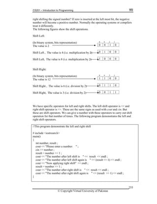CS201 – Introduction to Programming
© Copyright Virtual University of Pakistan
253
right shifting the signed number? If zero is inserted at the left most bit, the negative
number will become a positive number. Normally the operating systems or compilers
treat it differently.
The following figures show the shift operations.
Shift Left:
(In binary system, bits representation)
The value is 2
Shift Left , The value is 4 (i.e. multiplication by 2)
Shift Left, The value is 8 (i.e. multiplication by 2)
8 4 2 1
0 0 1 0
0 1 0 0
Shift Right:
(In binary system, bits representation)
The value is 12
Shift Right , The value is 6 (i.e. division by 2)
Shift Right, The value is 3 (i.e. division by 2)
8 4 2 1
1 1 0 0
0 1 1 0
We have specific operators for left and right shifts. The left shift operator is << and
right shift operator is >>. These are the same signs as used with cout and cin. But
these are shift operators. We can give a number with these operators to carry out shift
operation for that number of times. The following program demonstrates the left and
right shift operators.
//This program demonstrate the left and right shift
# include <iostream.h>
main()
{
int number, result ;
cout << "Please enter a number: " ;
cin >> number ;
result = number << 1 ;
cout << "The number after left shift is " << result << endl ;
cout << "The number after left shift again is " << (result << 1) << endl ;
cout << "Now applying right shift" << endl ;
result = number >> 1 ;
cout << "The number after right shift is " << result << endl ;
cout << "The number after right shift again is " << (result >> 1) << endl ;
}
0 0 1 1
1 0 0 0
 
