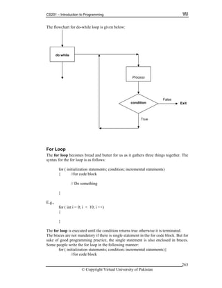 CS201 – Introduction to Programming
© Copyright Virtual University of Pakistan
263
The flowchart for do-while loop is given below:
For Loop
The for loop becomes bread and butter for us as it gathers three things together. The
syntax for the for loop is as follows:
for ( initialization statements; condition; incremental statements)
{ //for code block
// Do something
}
E.g.,
for ( int i = 0; i < 10; i ++)
{
}
The for loop is executed until the condition returns true otherwise it is terminated.
The braces are not mandatory if there is single statement in the for code block. But for
sake of good programming practice, the single statement is also enclosed in braces.
Some people write the for loop in the following manner:
for ( initialization statements; condition; incremental statements){
//for code block
do while
Exit
False
condition
True
Process
 