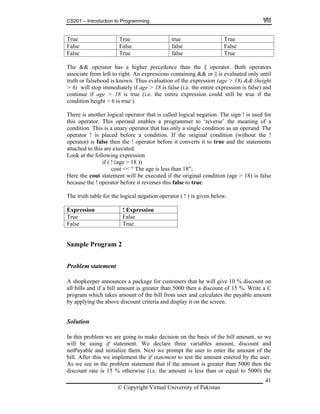 CS201 – Introduction to Programming
True True true True
False False false False
False True false True
The && operator has a higher precedence than the || operator. Both operators
ssociate from left to right. An expressions containing && or || is evaluated only until
truth or falsehood is known. Thus evaluation of the expression (age > 18) && (height
6) will stop immediately if age > 18 is false (i.e. the entire expression is false) and
continue if age > 18 is true (i.e. the entire expression could still be true if the
condition height > 6 is true ).
There is another logical operator that is called logical negation. The sign ! is used for
this operator. This operand enables a programmer to ‘reverse’ the meaning of a
condition. This is a unary operator that has only a single condition as an operand. The
operator ! is placed before a condition. If the original condition (without the !
operator) is false then the ! operator before it converts it to true and the statements
attached to this are executed.
Look at the following expression
if ( ! (age > 18 ))
cout << “ The age is less than 18”;
Here the cout statement will be executed if the original condition (age > 18) is false
because the ! operator before it reverses this false to true.
The truth table for the logical negation operator ( ! ) is given below.
Expression ! Expression
a
>
True False
False True
Sample Program 2
Problem statement
A shopkeeper announces a package for customers that he will give 10 % discount on
all bills and if a bill amount is greater than 5000 then a discount of 15 %. Write a C
program which takes amount of the bill from user and calculates the payable amount
by applying the above discount criteria and display it on the screen.
Solution
In this problem we are going to make decision on the basis of the bill amount, so we
will be using if statement. We declare three variables amount, discount and
netPayable and initialize them. Next we prompt the user to enter the amount of the
bill. After this we implement the if statement to test the amount entered by the user.
As we see in the problem statement that if the amount is greater than 5000 then the
discount rate is 15 % otherwise (i.e. the amount is less than or equal to 5000) the
© Copyright Virtual University of Pakistan
41
 