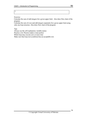CS201 – Introduction to Programming
}
Exercise:
Calculate the sum of odd integers for a given upper limit. Also draw flow chart of the
ely for a given upper limit using
only one loop structure. Also draw flow chart of the program.
the self explanatory variable names
program.
Calculate the sum of even and odd integers separat
Tips
lways useA
Practice a lot. Practice makes a man perfect
While loop may execute zero or more time
Make sure that loop test (condition) has an acceptable exit.
© Copyright Virtual University of Pakistan
54
 