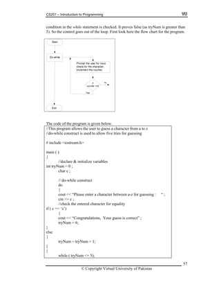 CS201 – Introduction to Programming
57
m.
condition in the while statement is checked. It proves false (as tryNum is greater than
5). So the control goes out of the loop. First look here the flow chart for the progra
The code of the program is given below.
//This program allows the user to guess a character from a to z
//do-while construct is used to allow five tries for guessing
# include <iostream.h>
main ( )
{
//declare & initialize variables
while ( tryNum <= 5);
int tryNum = 0 ;
char c ;
// do-while construct
do
{
cout << “Please enter a character between a-z for guessing : “ ;
cin >> c ;
//check the entered character for equality
if ( c == ‘z’)
{
cout << “Congratulations, Your guess is correct” ;
tryNum = 6;
}
else
{
tryNum = tryNum + 1;
}
}
© Copyright Virtual University of Pakistan
 