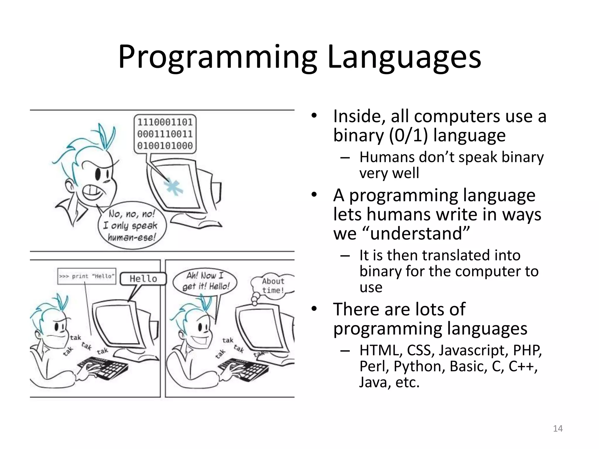 Programming Languages
           • Inside, all computers use a
             binary (0/1) language
              – Humans don’t speak binary
                very well
           • A programming language
             lets humans write in ways
             we “understand”
              – It is then translated into
                binary for the computer to
                use
           • There are lots of
             programming languages
              – HTML, CSS, Javascript, PHP,
                Perl, Python, Basic, C, C++,
                Java, etc.

                                               14
 