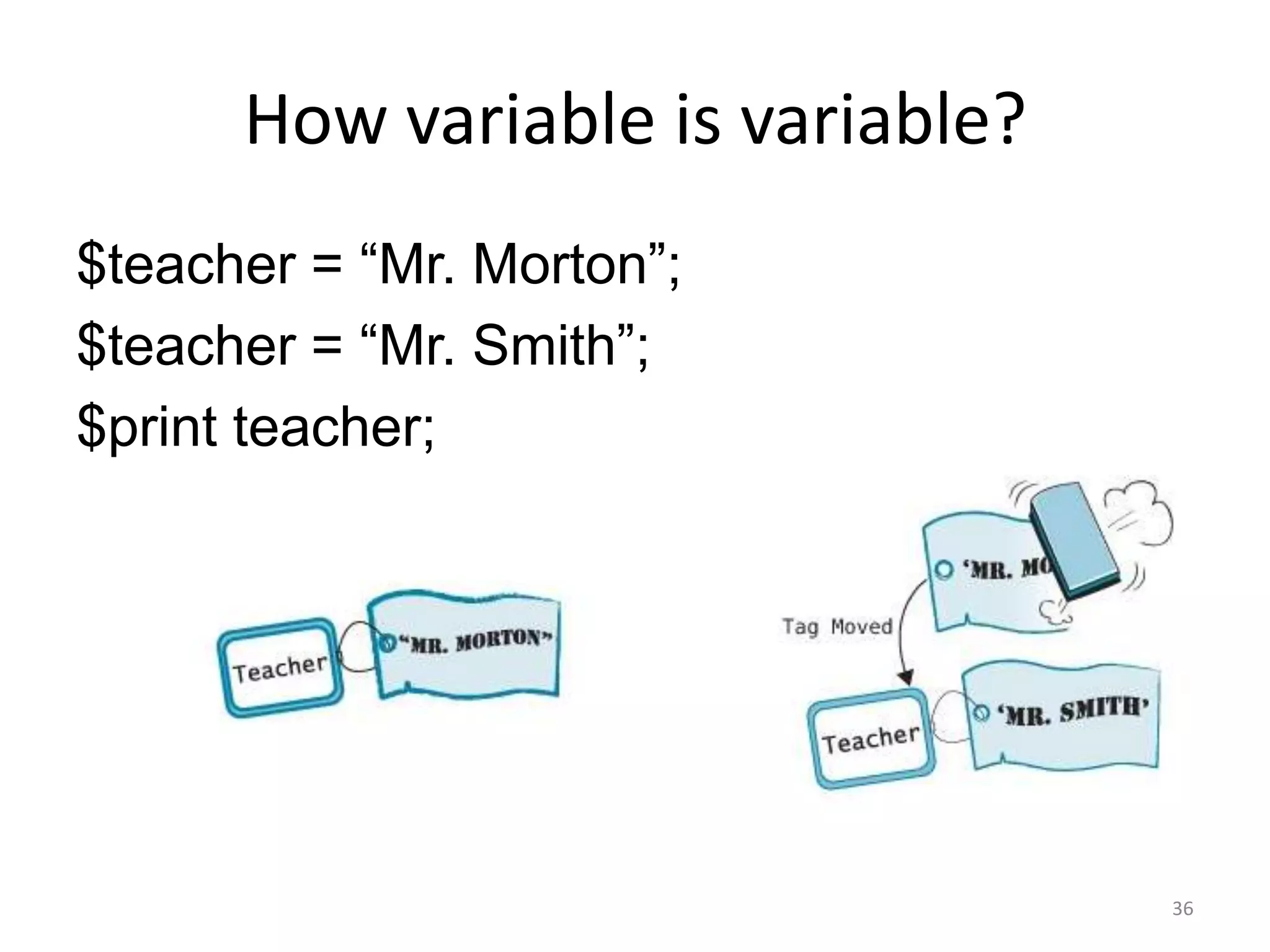 How variable is variable?
$teacher = “Mr. Morton”;
$teacher = “Mr. Smith”;
$print teacher;




                                  36
 