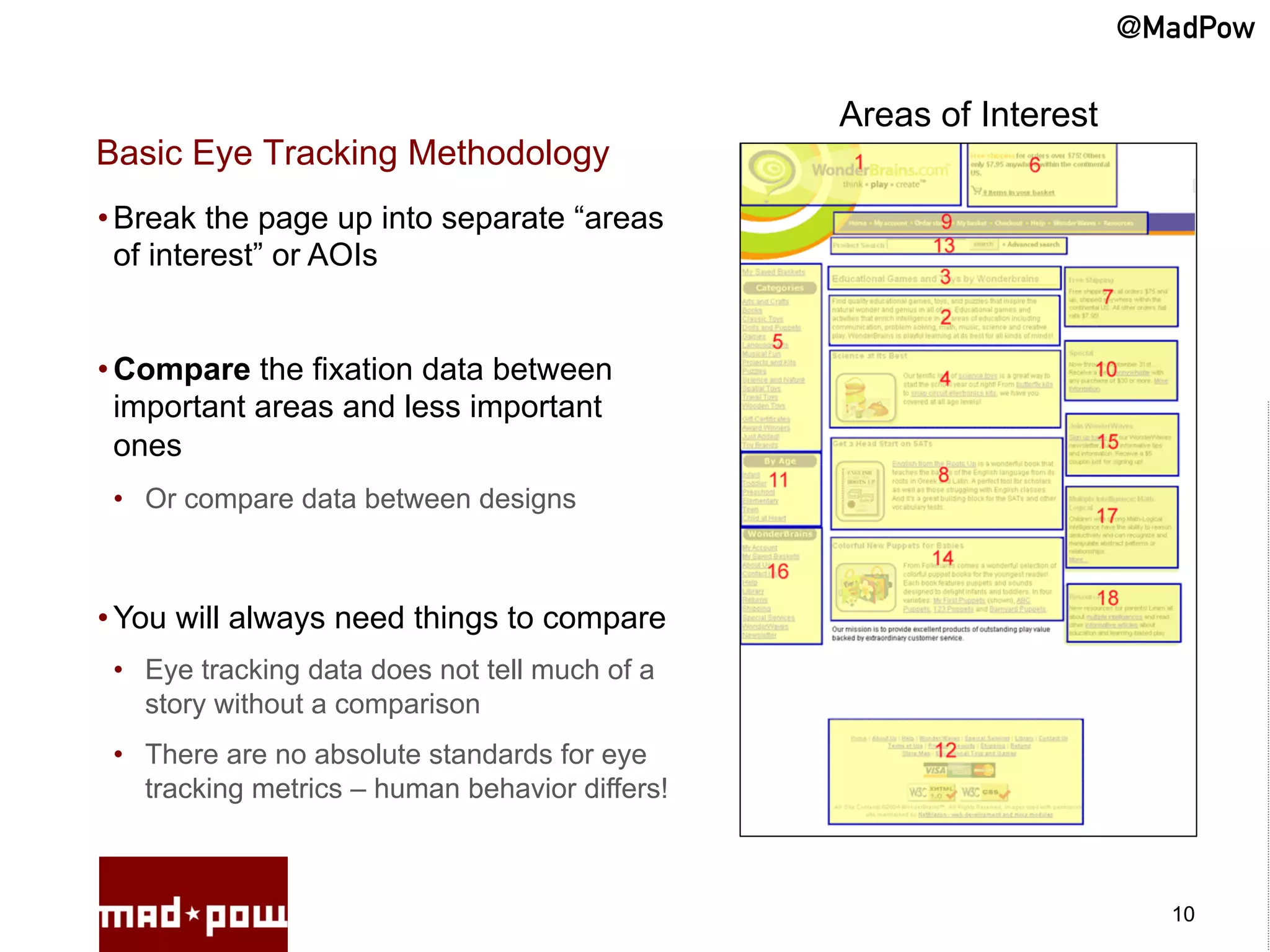 @MadPow

                                                 Areas of Interest
Basic Eye Tracking Methodology
• Break the page up into separate “areas
  of interest” or AOIs


• Compare the fixation data between
  important areas and less important
  ones
 •  Or compare data between designs



• You will always need things to compare
 •  Eye tracking data does not tell much of a
    story without a comparison
 •  There are no absolute standards for eye
    tracking metrics – human behavior differs!



                                                                       10
 