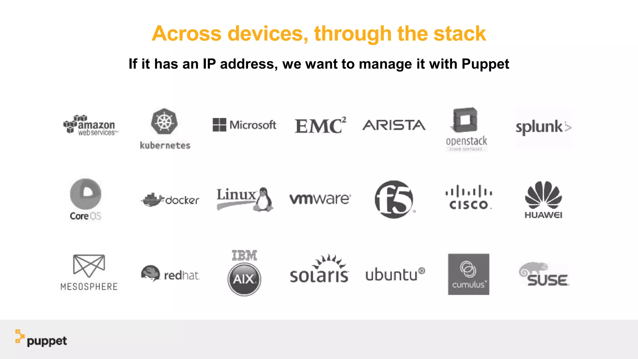 Across devices, through the stack
If it has an IP address, we want to manage it with Puppet
 