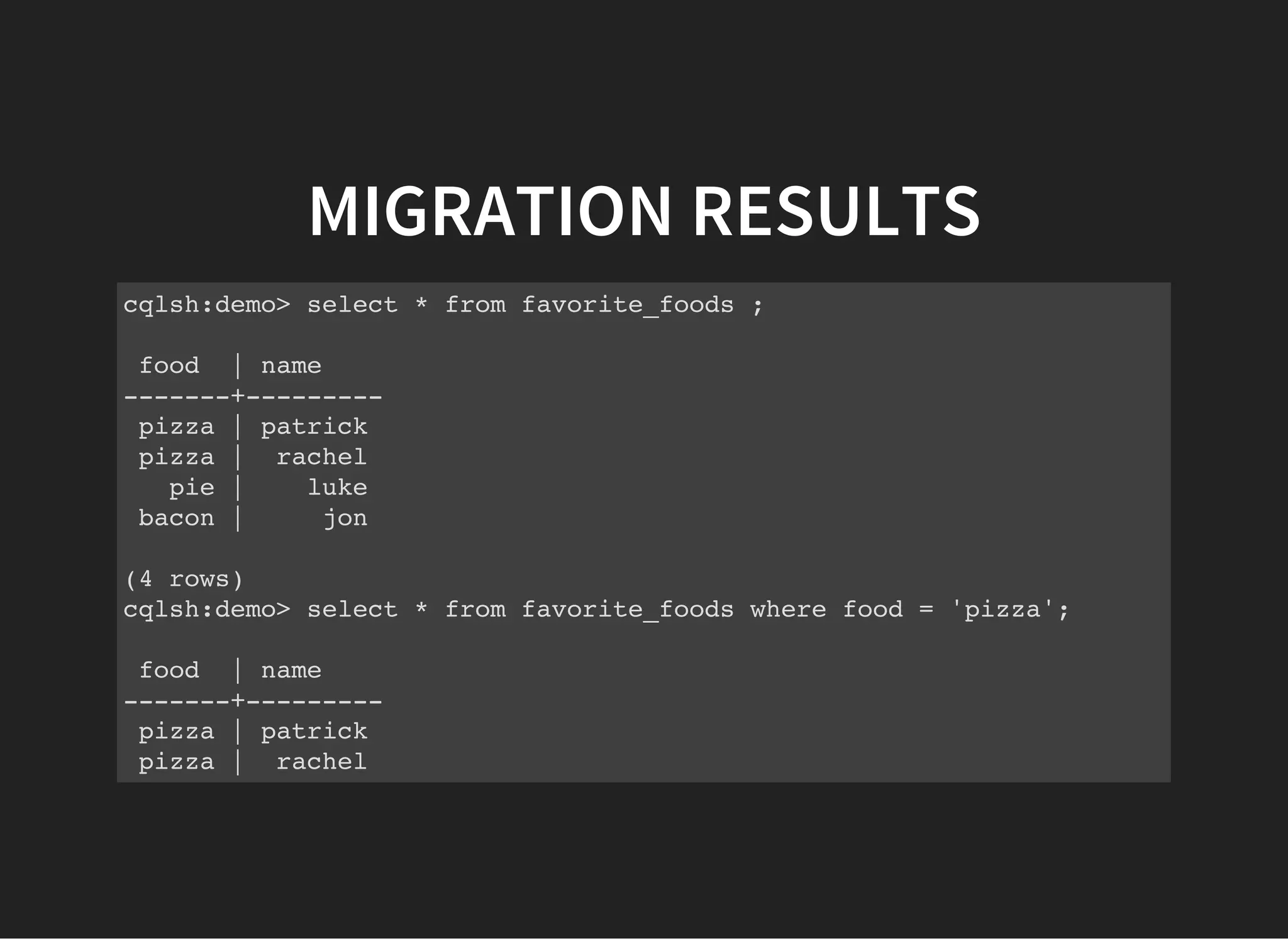 MIGRATION RESULTS cqlsh:demo> select * from favorite_foods ; food | name -------+--------- pizza | patrick pizza | rachel pie | luke bacon | jon (4 rows) cqlsh:demo> select * from favorite_foods where food = 'pizza'; food | name -------+--------- pizza | patrick pizza | rachel 