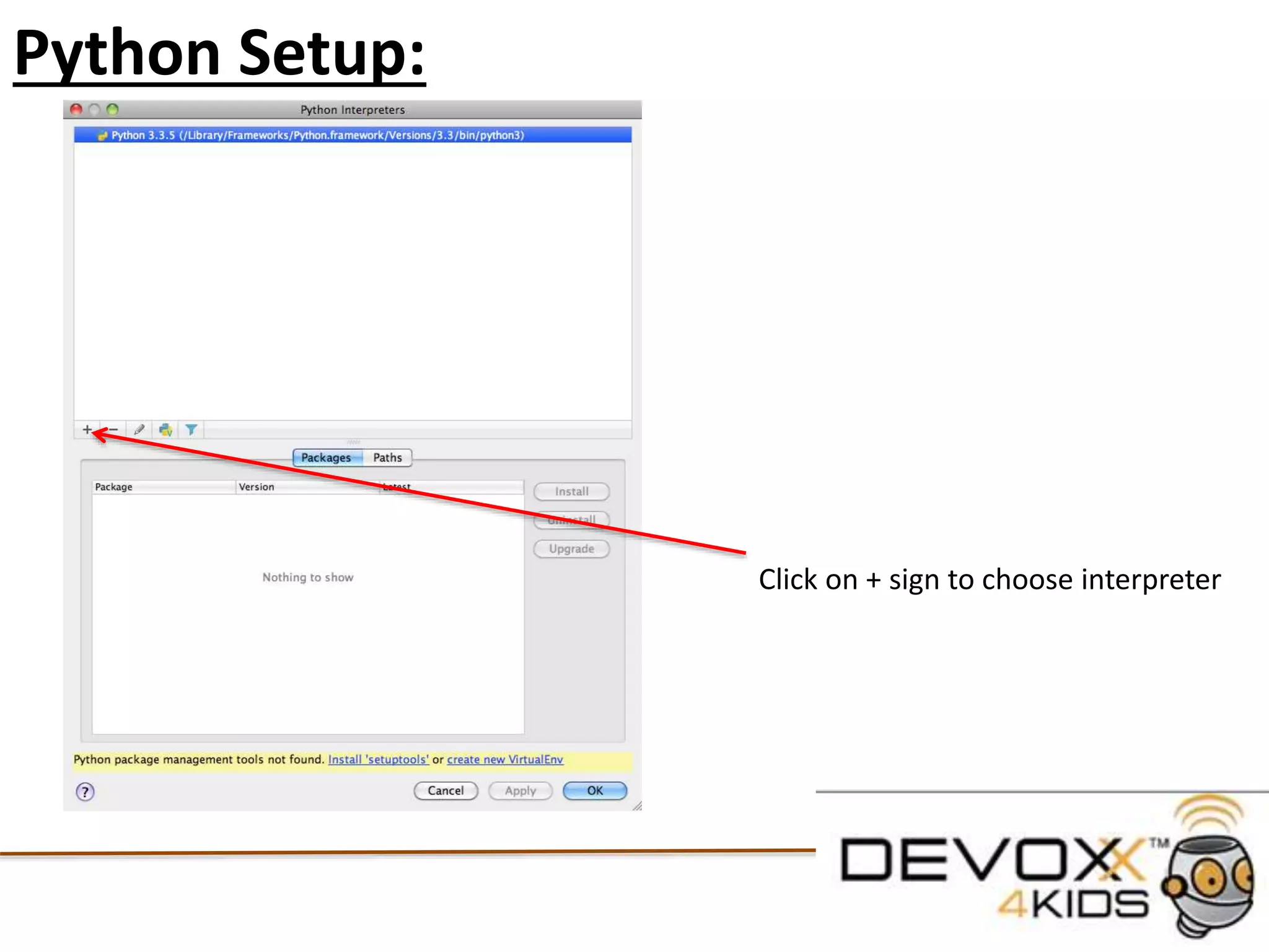 PyCharm:
PyCharm is an IDE (Integrated Development Environment)
We use an IDE because it helps us highlight our code and debug any problems
Because Python needs to be interpreted when we run PyCharm (or an IDE) it will integrate
with the Interpreter when we “Debug” or “Run” the code
In an IDE we can create a “Project” this will be a collection of Scripts that we will create
For the purpose of the Tutorial lets create a new Project
The interpreter should be chosen by default
If you need to change it you can modify it here
 