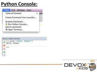 What we just learned
We ran our first Script.
We printed out some text..
But the main use of programs is to take “inputs” and
then turn them into “outputs”
We are going to look at the ways that Python takes
in Words and Numbers
And how we can interact with programs
Lets create a script with a variable that holds your name
Then we will get the program to ask you for your name
 