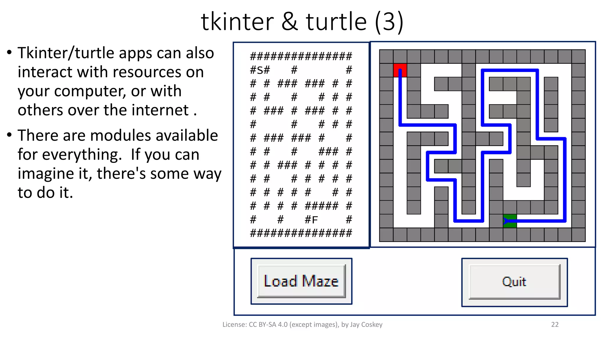 tkinter & turtle (3)
• Tkinter/turtle apps can also
interact with resources on
your computer, or with
others over the internet .
• There are modules available
for everything. If you can
imagine it, there's some way
to do it.
License: CC BY-SA 4.0 (except images), by Jay Coskey 22
###############
#S# # #
# # ### ### # #
# # # # # #
# ### # ### # #
# # # # #
# ### ### # #
# # # ### #
# # ### # # # #
# # # # # # #
# # # # # # #
# # # # ##### #
# # #F #
###############
 