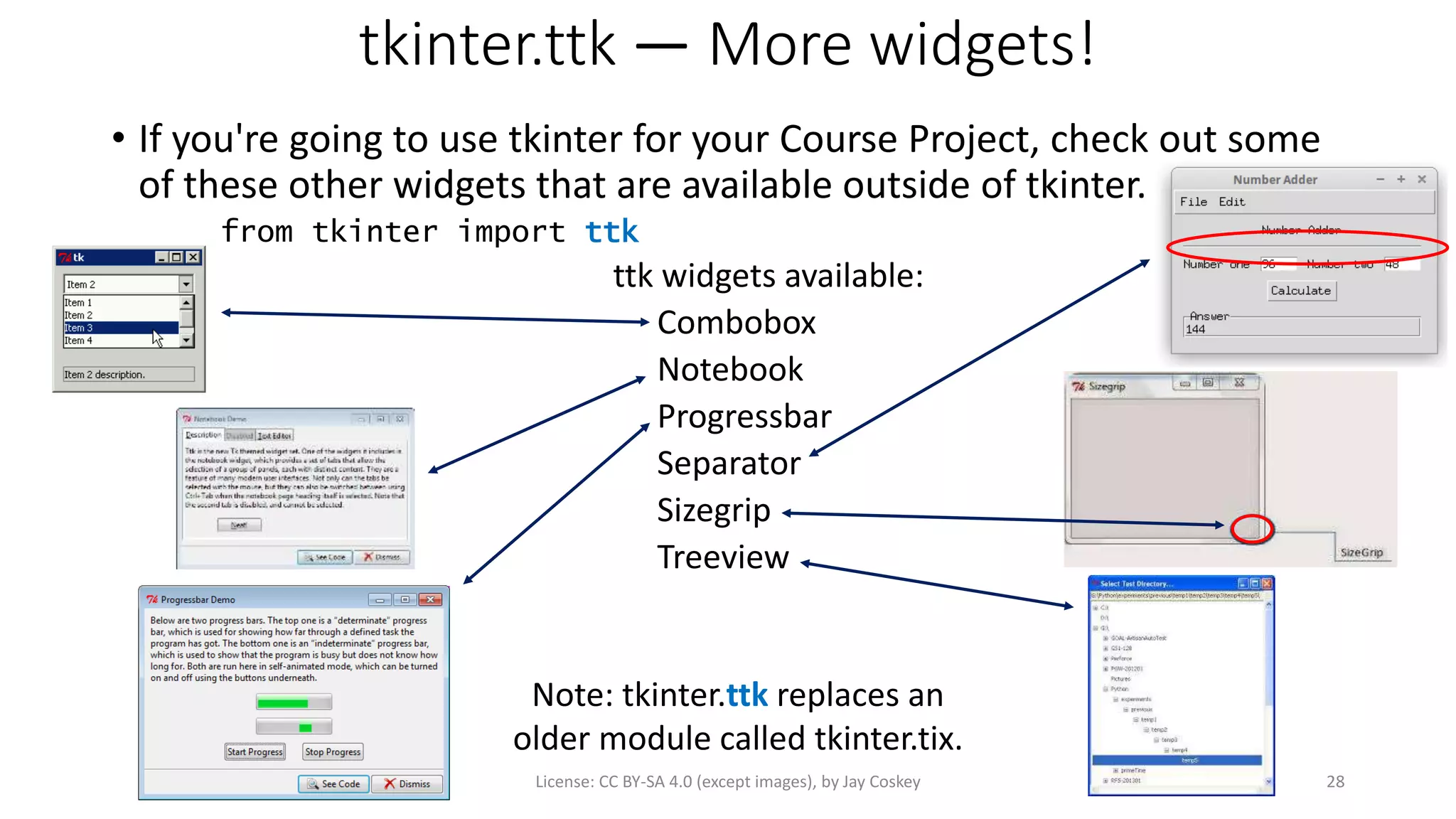tkinter.ttk — More widgets!
• If you're going to use tkinter for your Course Project, check out some
of these other widgets that are available outside of tkinter.
from tkinter import ttk
ttk widgets available:
Combobox
Notebook
Progressbar
Separator
Sizegrip
Treeview
License: CC BY-SA 4.0 (except images), by Jay Coskey 28
Note: tkinter.ttk replaces an
older module called tkinter.tix.
 