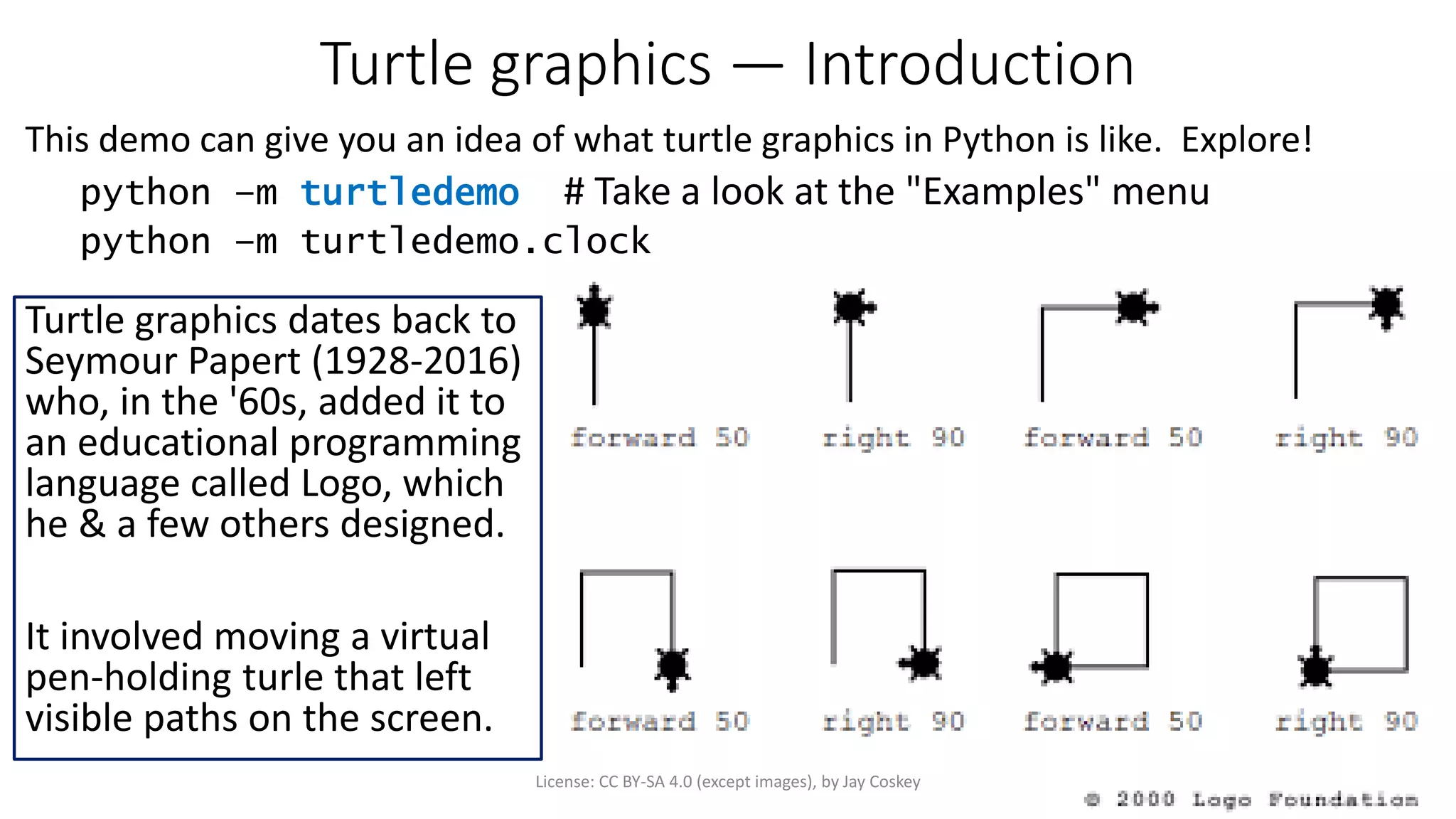 Turtle graphics — Introduction
This demo can give you an idea of what turtle graphics in Python is like. Explore!
python –m turtledemo # Take a look at the "Examples" menu
python –m turtledemo.clock
5License: CC BY-SA 4.0 (except images), by Jay Coskey
Turtle graphics dates back to
Seymour Papert (1928-2016)
who, in the '60s, added it to
an educational programming
language called Logo, which
he & a few others designed.
It involved moving a virtual
pen-holding turle that left
visible paths on the screen.
 