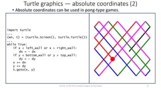 Turtle graphics — absolute coordinates (2)
• Absolute coordinates can be used in pong-type games.
License: CC BY-SA 4.0 (except images), by Jay Coskey 12
import turtle
...
(wn, t) = (turtle.Screen(), turtle.Turtle())
...
while True:
if x < left_wall or x > right_wall:
dx = - dx
if y < bottom_wall or y > top_wall:
dy = - dy
x += dx
y += dy
t.goto(x, y)
 