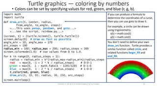 Turtle graphics — coloring by numbers
• Colors can be set by specifying values for red, green, and blue (r, g, b).
License: CC BY-SA 4.0 (except images), by Jay Coskey 14
import math
import turtle
def draw_arc(t, center, radius,
from_angle, to_angle, steps):
<...This uses penup, pendown, and goto...>
<...See the script, rainbow.py...>
(screen, t) = (turtle.Screen(), turtle.Turtle())
screen.delay(0) # Draw as fast as possible
angle_min = 10; angle_max = 170
arc_steps = 100
radius_min = 100; radius_max = 200; radius_steps = 300
screen.colormode(1.0) # Use values from 0 to 1.0.
for k in range(0, radius_steps + 1):
radius = radius_min + k*(radius_max-radius_min)/radius_steps
red = max(0, -1 + 2 * k / radius_steps) # 0-0-1
green = max(0, 1 - math.fabs(k - 128)/128) # 0-1-0
blue = max(0, 1 - 2 * k / radius_steps) # 1-0-0
t.color(red, green, blue)
draw_arc(t, (0, 0), radius, 30, 150, arc_steps)
screen.mainloop()
If you can produce a formula to
determine the coordinates of a curve,
then you can use goto to draw it.
For example, a circle can be drawn
using trigonometry:
x(t) = math.cos(t)
y(t) = math.sin(t)
You don't need to define your own
draw_arc function. Turtle provides a
similar function called circle, and
related functions begin_fill and
end_fill.
 