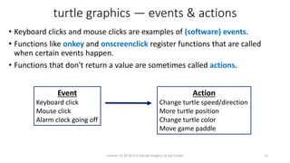 turtle graphics — events & actions
• Keyboard clicks and mouse clicks are examples of (software) events.
• Functions like onkey and onscreenclick register functions that are called
when certain events happen.
• Functions that don't return a value are sometimes called actions.
License: CC BY-SA 4.0 (except images), by Jay Coskey 15
Event
Keyboard click
Mouse click
Alarm clock going off
Action
Change turtle speed/direction
More turtle position
Change turtle color
Move game paddle
 