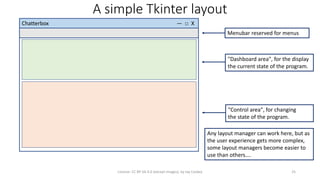 A simple Tkinter layout
License: CC BY-SA 4.0 (except images), by Jay Coskey 25
Chatterbox — □ X
Menubar reserved for menus
"Dashboard area", for the display
the current state of the program.
"Control area", for changing
the state of the program.
Any layout manager can work here, but as
the user experience gets more complex,
some layout managers become easier to
use than others….
 