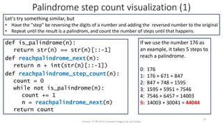 Palindrome step count visualization (1)
def is_palindrome(n):
return str(n) == str(n)[::-1]
def reachpalindrome_next(n):
return n + int(str(n)[::-1])
def reachpalindrome_step_count(n):
count = 0
while not is_palindrome(n):
count += 1
n = reachpalindrome_next(n)
return count
License: CC BY-SA 4.0 (except images), by Jay Coskey
32
Let's try something similar, but
• Have the "step" be reversing the digits of a number and adding the reversed number to the original
• Repeat until the result is a palindrom, and count the number of steps until that happens.
If we use the number 176 as
an example, it takes 5 steps to
reach a palindrome.
0: 176
1: 176 + 671 = 847
2: 847 + 748 = 1595
3: 1595 + 5951 = 7546
4: 7546 + 6457 = 14003
5: 14003 + 30041 = 44044
 