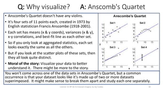 Q: Why visualize? A: Anscomb's Quartet
• Anscombe's Quartet doesn't have any violins.
• It's four sets of 11 points each, created in 1973 by
English statistician Francis Anscombe (1918-2001).
• Each set has means (x & y coords), variances (x & y),
x-y correlations, and best-fit line as each other set.
• So if you only look at aggregated statistics, each set
looks exactly the same as all the others.
• But if you look at the scatter plots of these sets, then
they all look quite distinct.
• Moral of the story: Visualize your data to better
understand it. There might be more to the story.
License: CC BY-SA 4.0 (except images), by Jay Coskey 34
You won't come across one of the data sets in Anscombe's Quartet, but a common
occurrence is that your dataset looks like it's made up of two or more datasets
superimposed. It might make sense to break them apart and study each one separately.
 