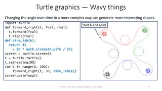 Turtle graphics — Wavy things
Changing the angle over time in a more complex way can generate more interesting shapes.
9License: CC BY-SA 4.0 (except images), by Jay Coskey
import turtle
def forward_right(t, fval, rval):
t.forward(fval)
t.right(rval)
def sine_ish(k):
return 45
+ 90 * math.sin(math.pi*k / 25)
screen = turtle.Screen()
t = turtle.Turtle()
t.setheading(90)
For k in range(0, 200):
forward_right(t, 30, sine_ish(k))
screen.mainloop()
Start & end point
 