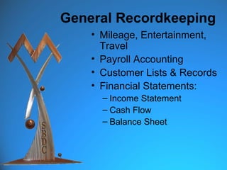 General Recordkeeping
    • Mileage, Entertainment,
      Travel
    • Payroll Accounting
    • Customer Lists & Records
    • Financial Statements:
      – Income Statement
      – Cash Flow
      – Balance Sheet
 