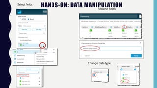 HANDS-ON: DATA MANIPULATION
Select fields
Rename fields
Change data type
 