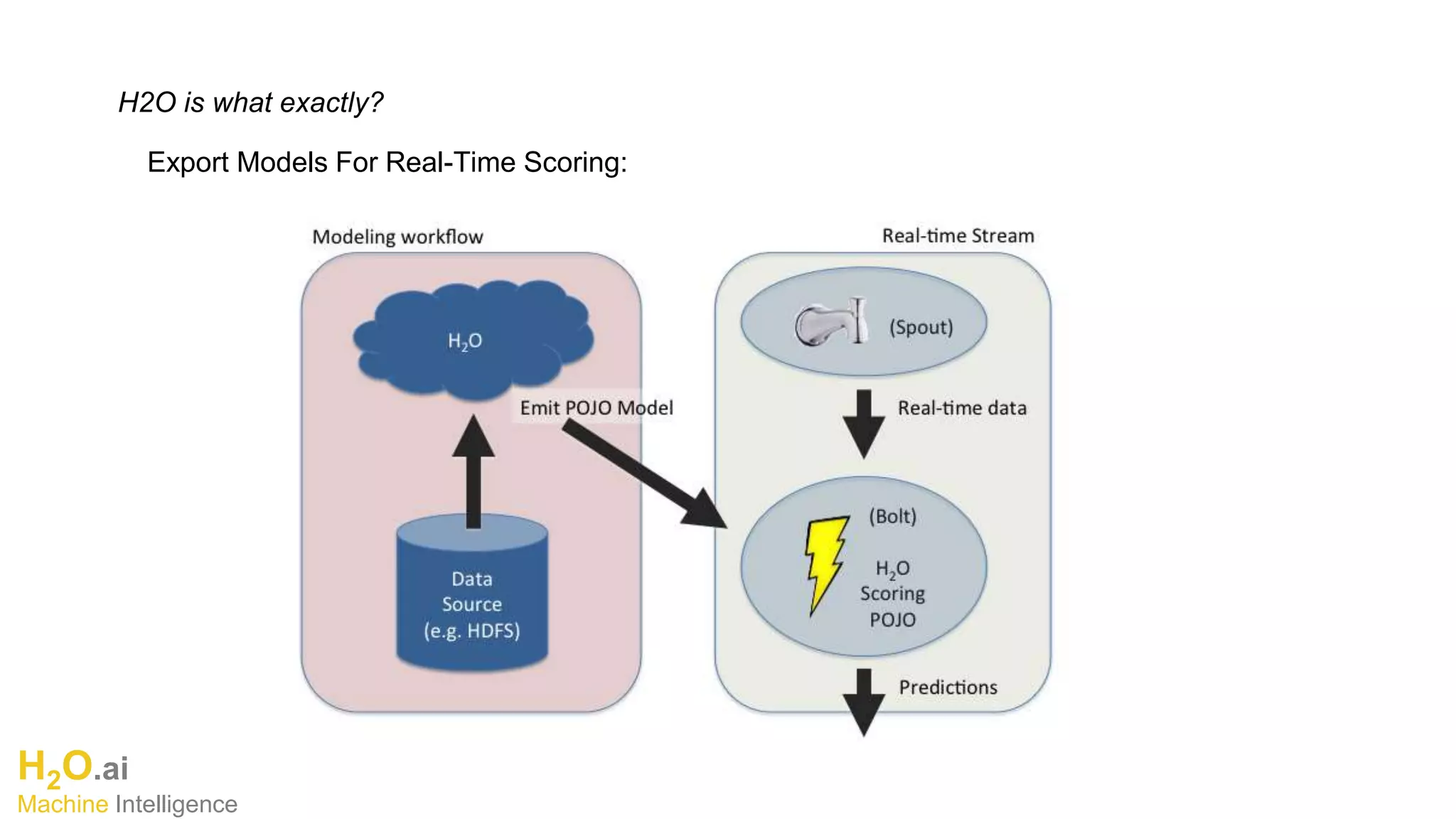 H2O.ai
Machine Intelligence
H2O is what exactly?
Export Models For Real-Time Scoring:
 