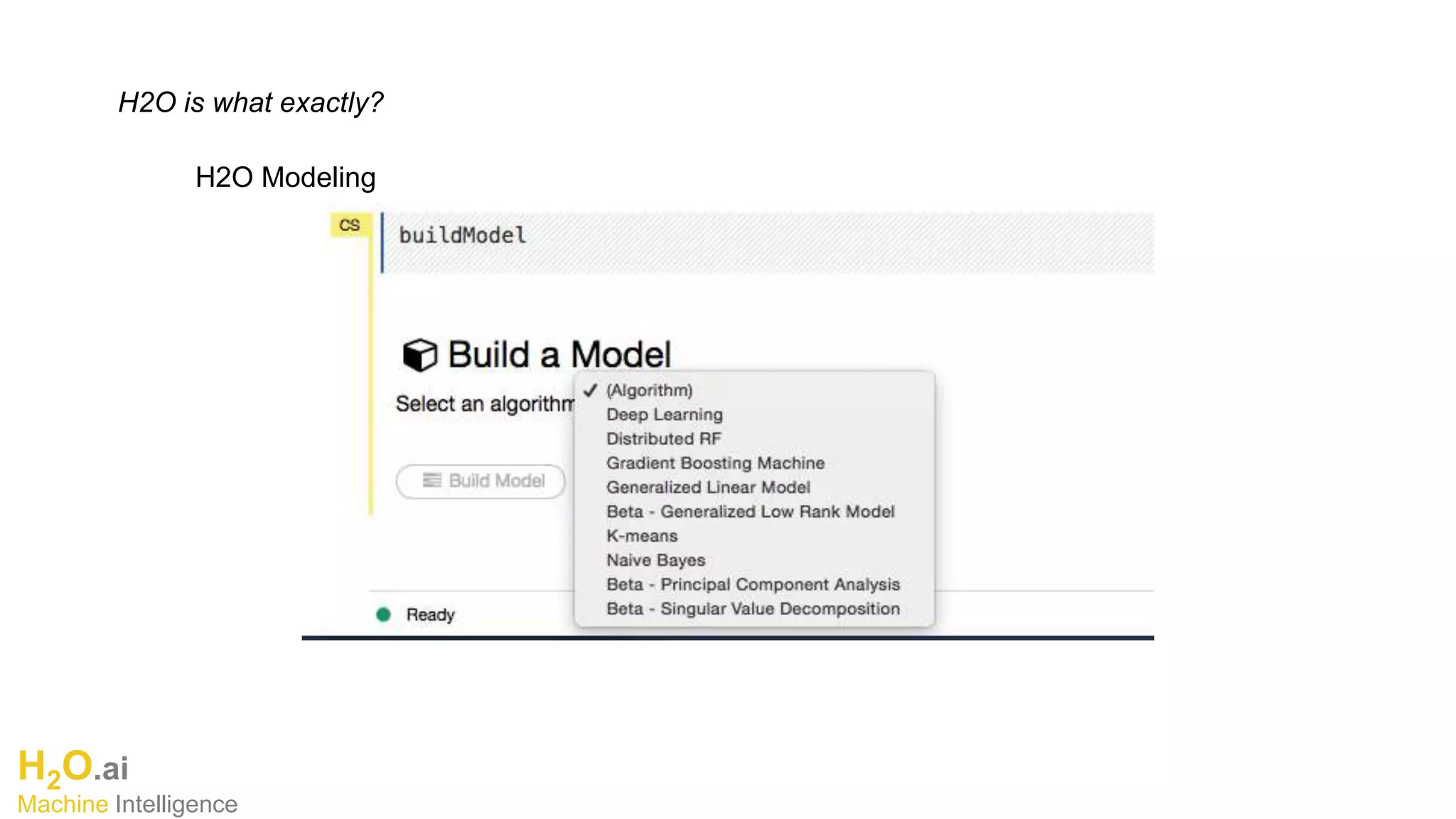 H2O.ai
Machine Intelligence
H2O is what exactly?
H2O Modeling
 