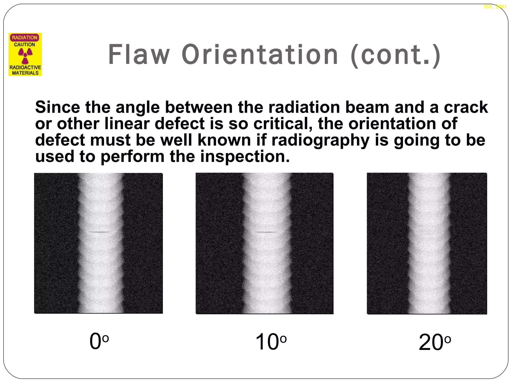 Flaw Orientation (cont.) IDL 2001 Since the angle between the radiation beam and a crack or other linear defect is so critical, the orientation of defect must be well known if radiography is going to be used to perform the inspection. 0 o 10 o 20 o 