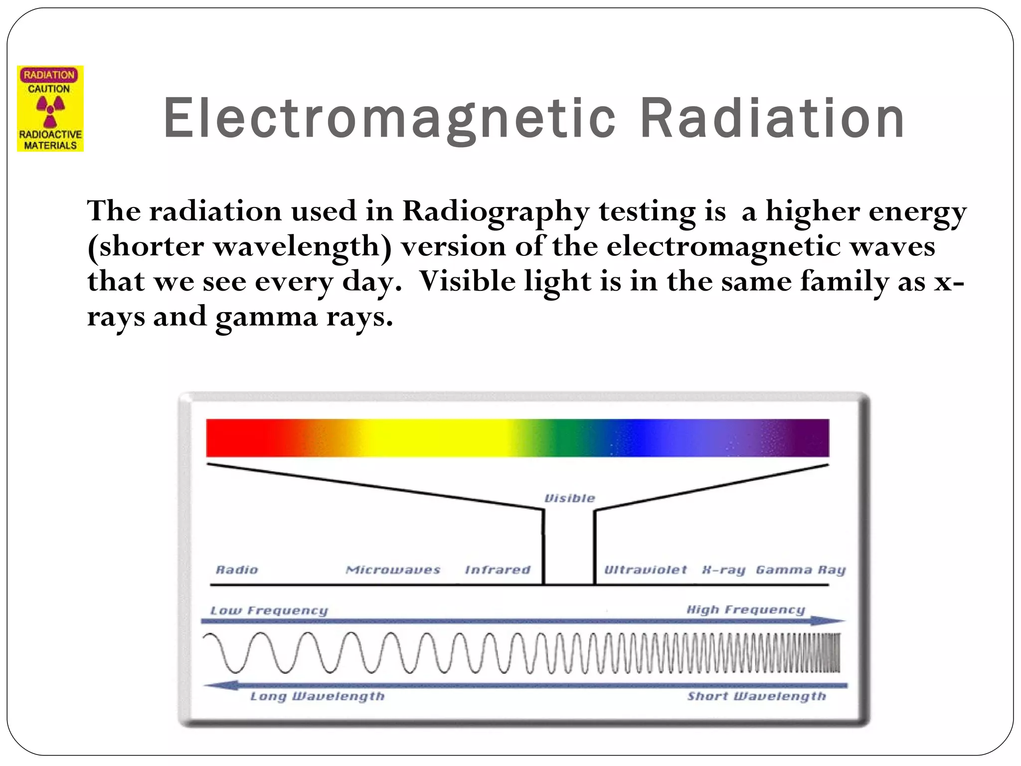 Electromagnetic Radiation The radiation used in Radiography testing is  a higher energy (shorter wavelength) version of the electromagnetic waves that we see every day.  Visible light is in the same family as x-rays and gamma rays. 