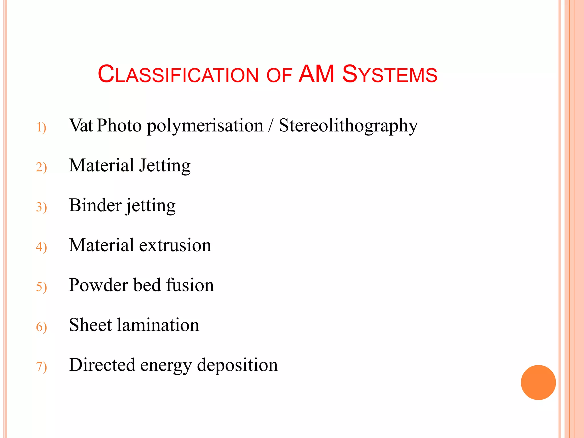CLASSIFICATION OF AM SYSTEMS
1) Vat Photo polymerisation / Stereolithography
2) Material Jetting
3) Binder jetting
4) Material extrusion
5) Powder bed fusion
6) Sheet lamination
7) Directed energy deposition
 