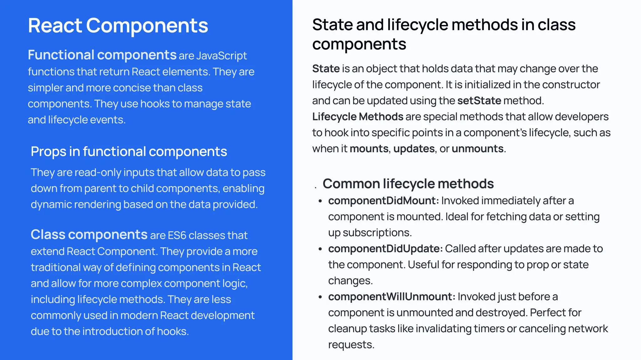 Stateandlifecyclemethodsinclass components ReactComponents Propsinfunctionalcomponents 