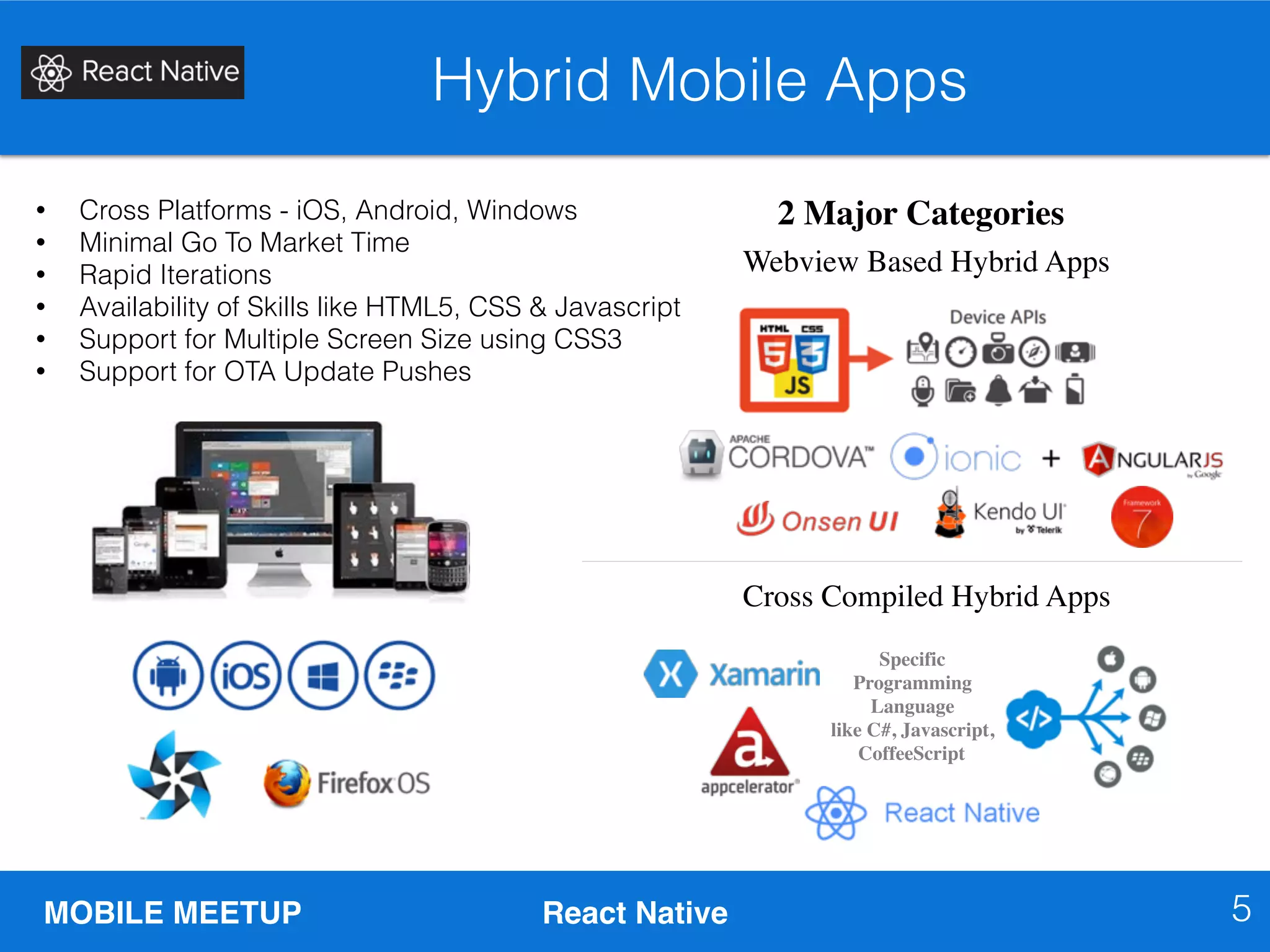 MOBILE MEETUP React Native
Hybrid Mobile Apps
5
2 Major Categories
Specific
Programming
Language
like C#, Javascript,
CoffeeScript
Webview Based Hybrid Apps
Cross Compiled Hybrid Apps
• Cross Platforms - iOS, Android, Windows
• Minimal Go To Market Time
• Rapid Iterations
• Availability of Skills like HTML5, CSS & Javascript
• Support for Multiple Screen Size using CSS3
• Support for OTA Update Pushes
 