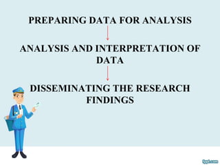 PREPARING DATA FOR ANALYSIS
ANALYSIS AND INTERPRETATION OF
DATA
DISSEMINATING THE RESEARCH
FINDINGS
 