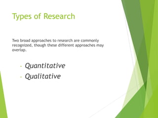 Types of Research
Two broad approaches to research are commonly
recognized, though these different approaches may
overlap.
- Quantitative
- Qualitative
 