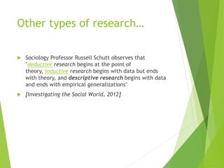 Other types of research…
 Sociology Professor Russell Schutt observes that
"deductive research begins at the point of
theory, inductive research begins with data but ends
with theory, and descriptive research begins with data
and ends with empirical generalizations"
 [Investigating the Social World, 2012]
 
