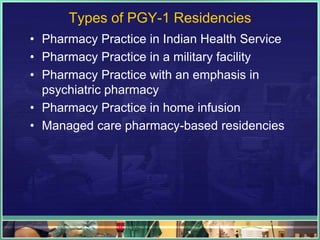 Types of PGY-1 Residencies
• Pharmacy Practice in Indian Health Service
• Pharmacy Practice in a military facility
• Pharmacy Practice with an emphasis in
psychiatric pharmacy
• Pharmacy Practice in home infusion
• Managed care pharmacy-based residencies
 