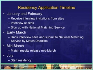 Residency Application Timeline
• January and February
– Receive interview invitations from sites
– Interview at sites
– Sign up with National Matching Service
• Early March
– Rank interview sites and submit to National Matching
Service by Match Deadline
• Mid-March
– Match results release mid-March
• July
– Start residency
 