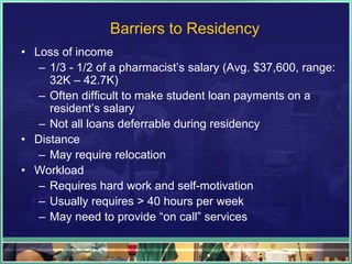 Barriers to Residency
• Loss of income
– 1/3 - 1/2 of a pharmacist’s salary (Avg. $37,600, range:
32K – 42.7K)
– Often difficult to make student loan payments on a
resident’s salary
– Not all loans deferrable during residency
• Distance
– May require relocation
• Workload
– Requires hard work and self-motivation
– Usually requires > 40 hours per week
– May need to provide “on call” services
 